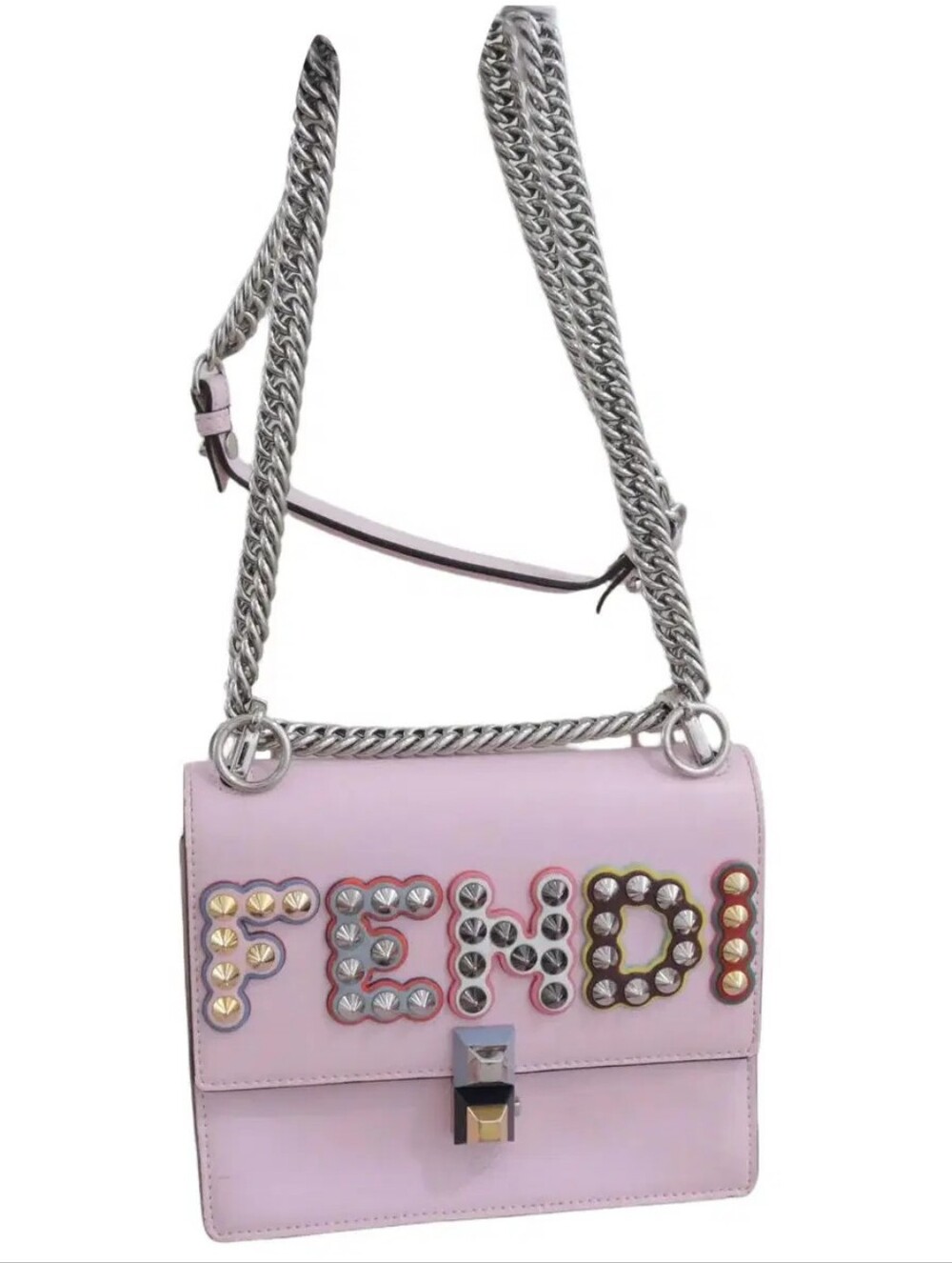 Fendi Kan I Leather 2 Way Shoulder Bag with Silver Chain and Multicolor Studs